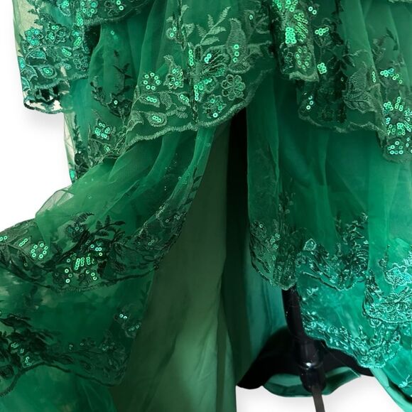 Emerald Green Corset Elegant Tulle Tiered Sequins Sparkly A Slit Prom Gown - Picture 6 of 13